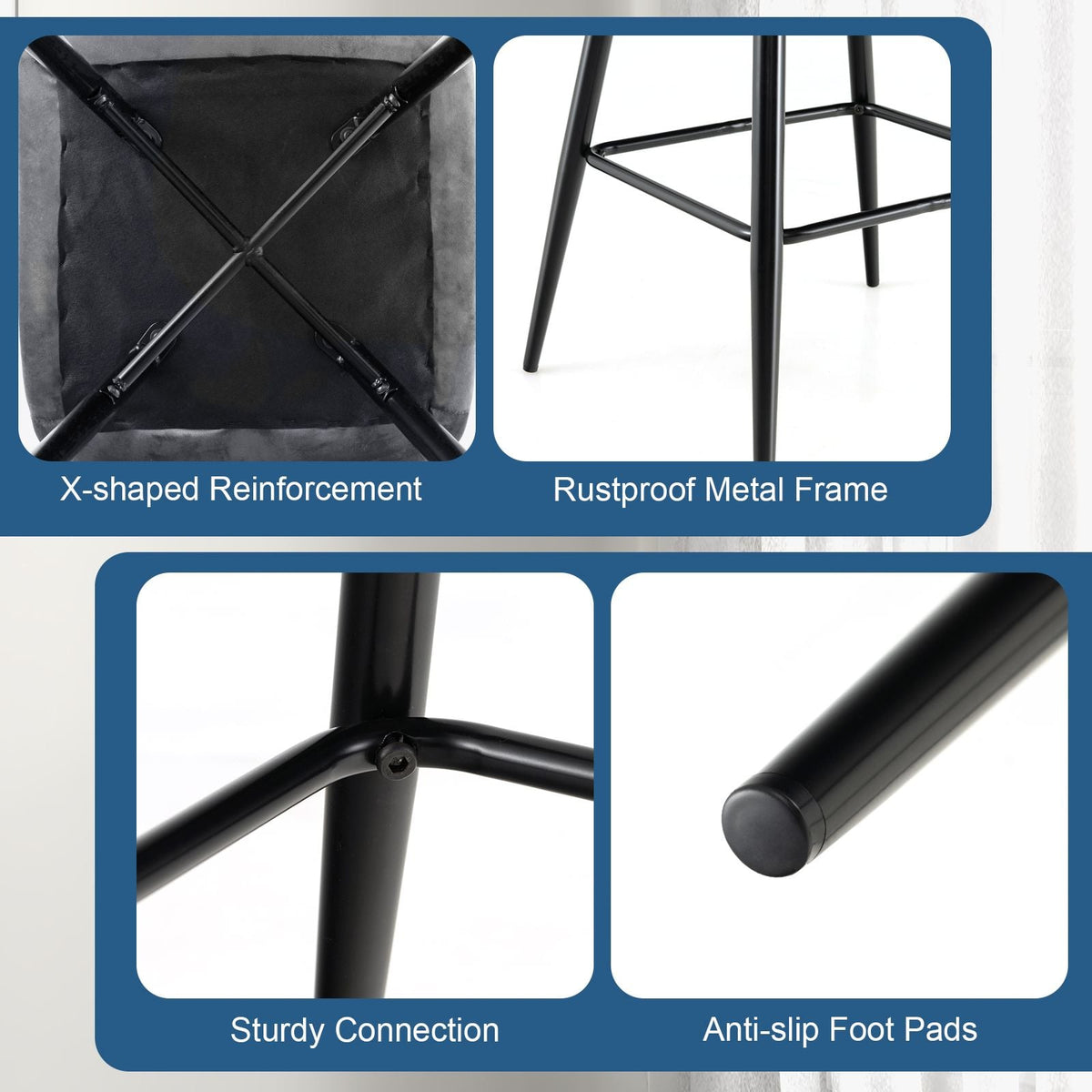 SEDOL Set of 2 Luxury Velvet Bar Stools with Diamond Tufted Back and Tapered Metal Legs