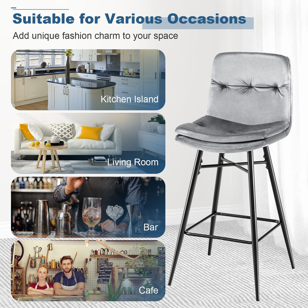 SEDOL Set of 2 Luxury Velvet Bar Stools with Diamond Tufted Back and Tapered Metal Legs