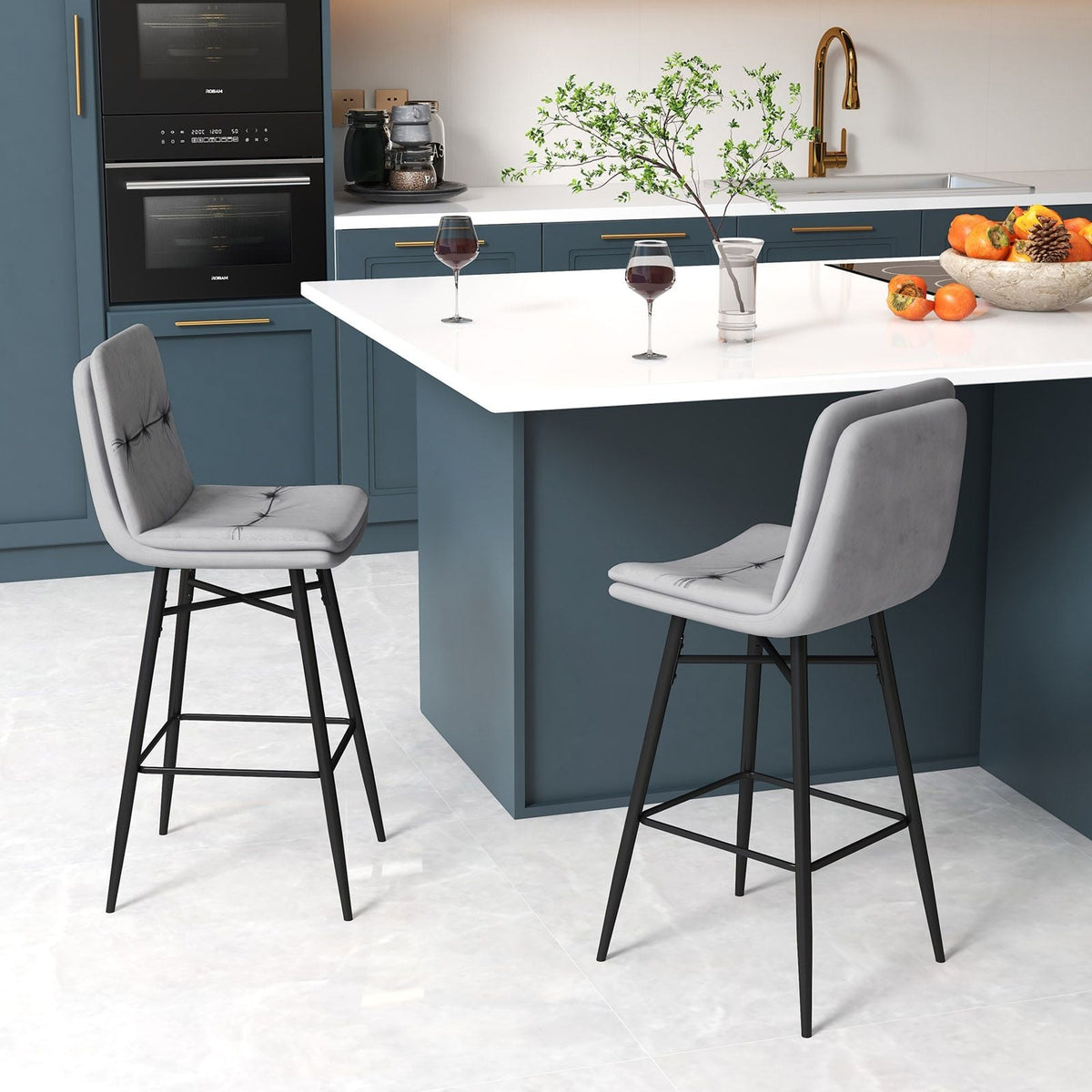 SEDOL Set of 2 Luxury Velvet Bar Stools with Diamond Tufted Back and Tapered Metal Legs