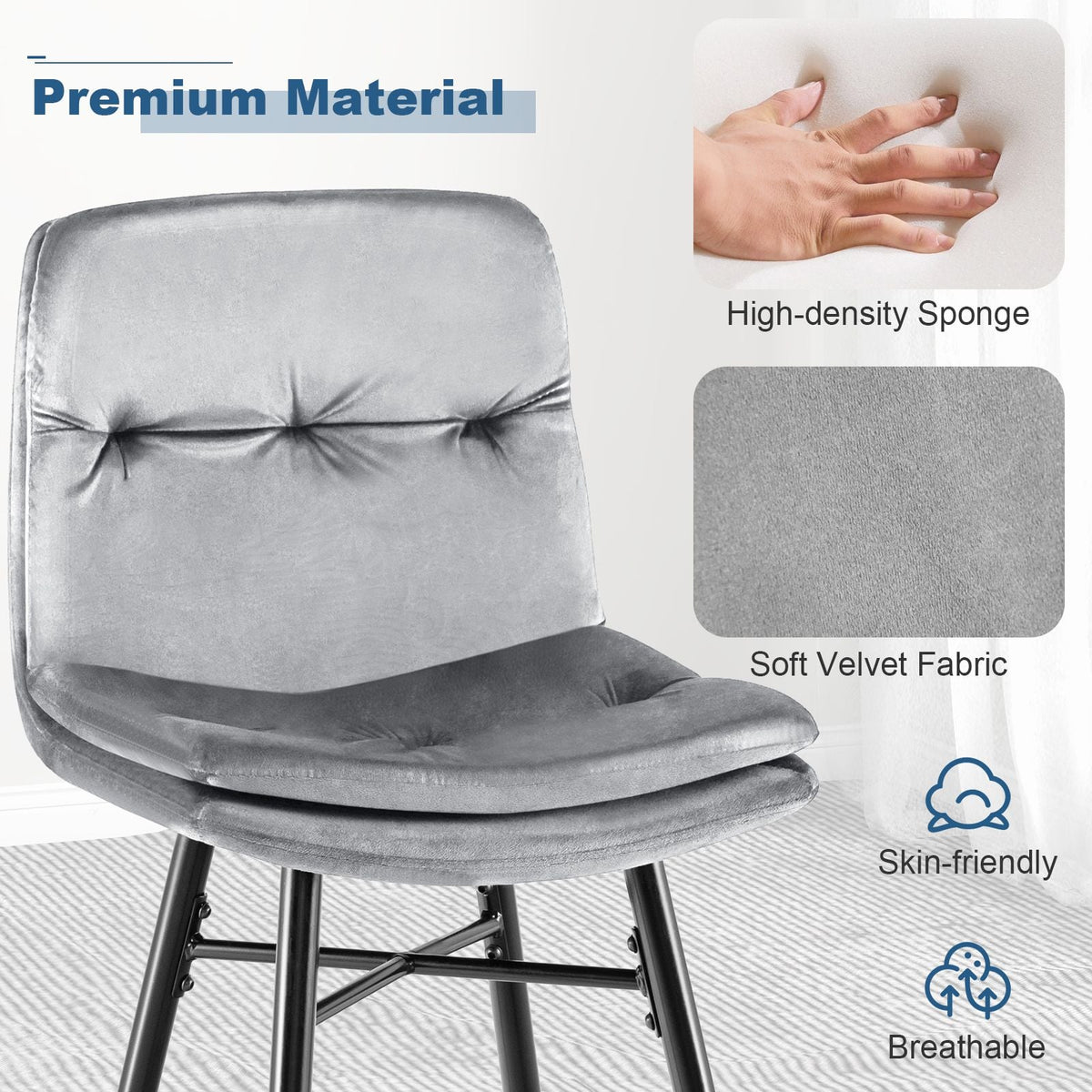 SEDOL Set of 2 Luxury Velvet Bar Stools with Diamond Tufted Back and Tapered Metal Legs