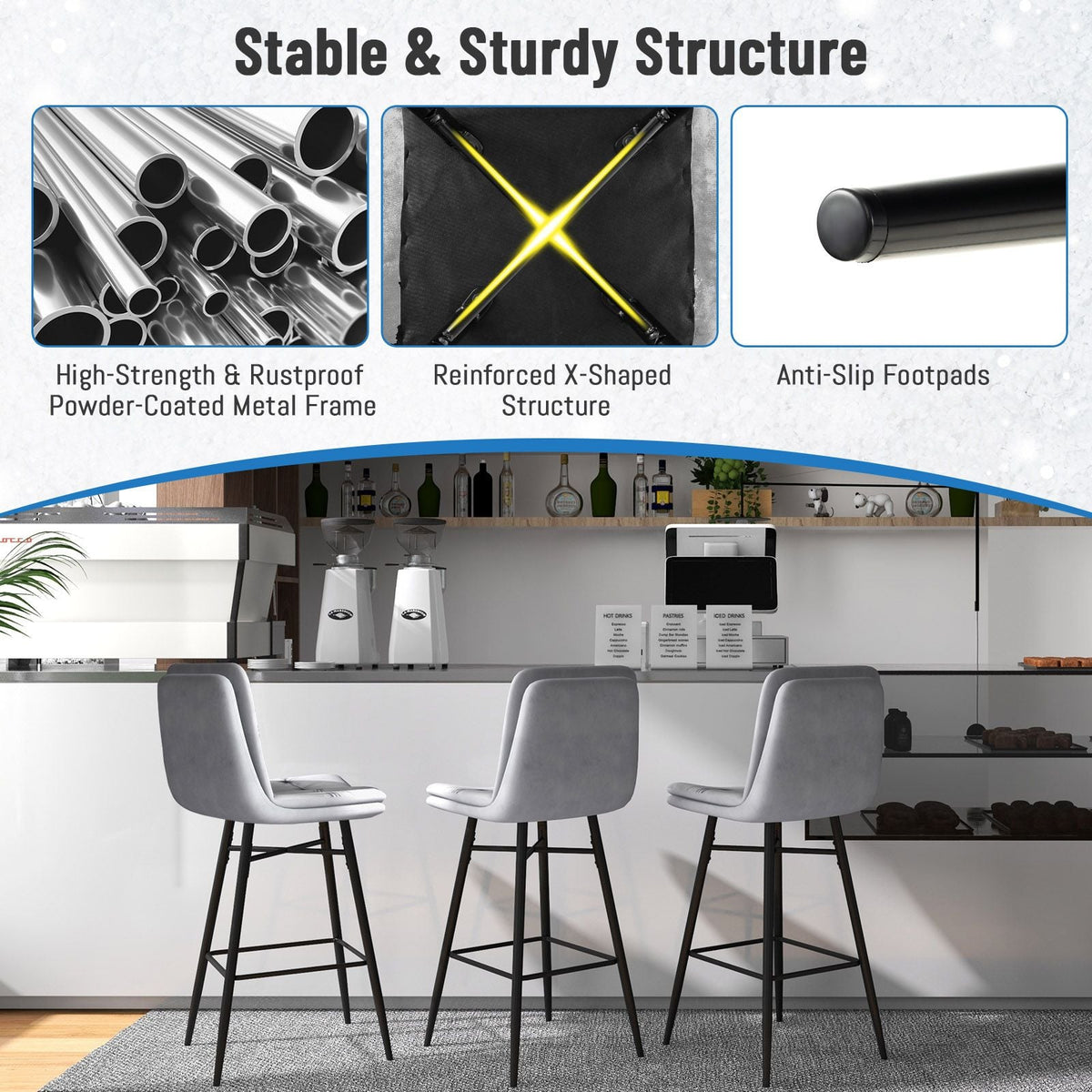 SEDOL Set of 2 Luxury Velvet Bar Stools with Diamond Tufted Back and Tapered Metal Legs