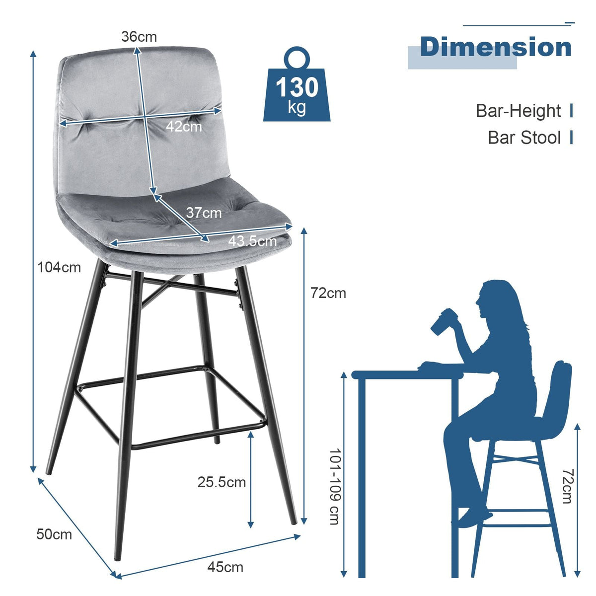 SEDOL Set of 2 Luxury Velvet Bar Stools with Diamond Tufted Back and Tapered Metal Legs