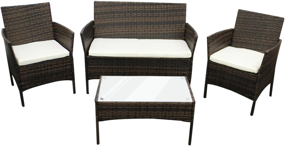 SEDOL 4-Piece Rattan Garden Furniture Sofa Set with Tempered Glass Coffee Table and 2 Armchairs Wicker Outdoor Patio Set with Water-Resistant Beige Cushions for Garden Balcony and Conservatory