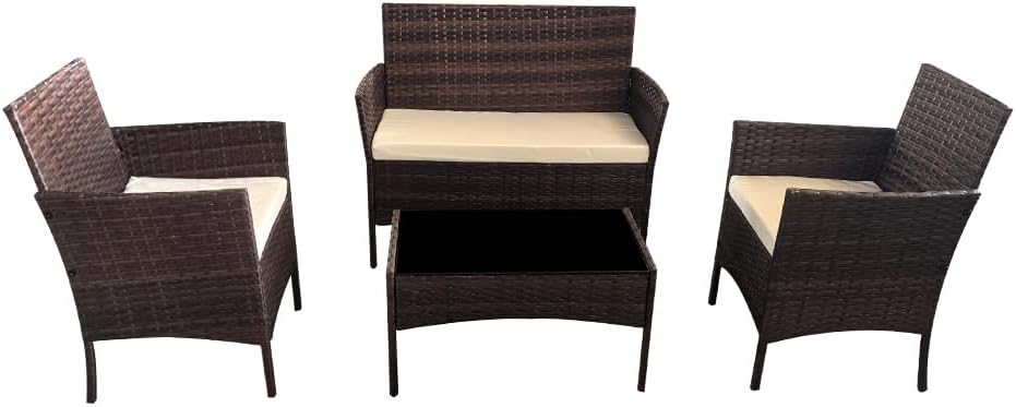 SEDOL 4-Piece Rattan Garden Furniture Sofa Set with Tempered Glass Coffee Table and 2 Armchairs Wicker Outdoor Patio Set with Water-Resistant Beige Cushions for Garden Balcony and Conservatory