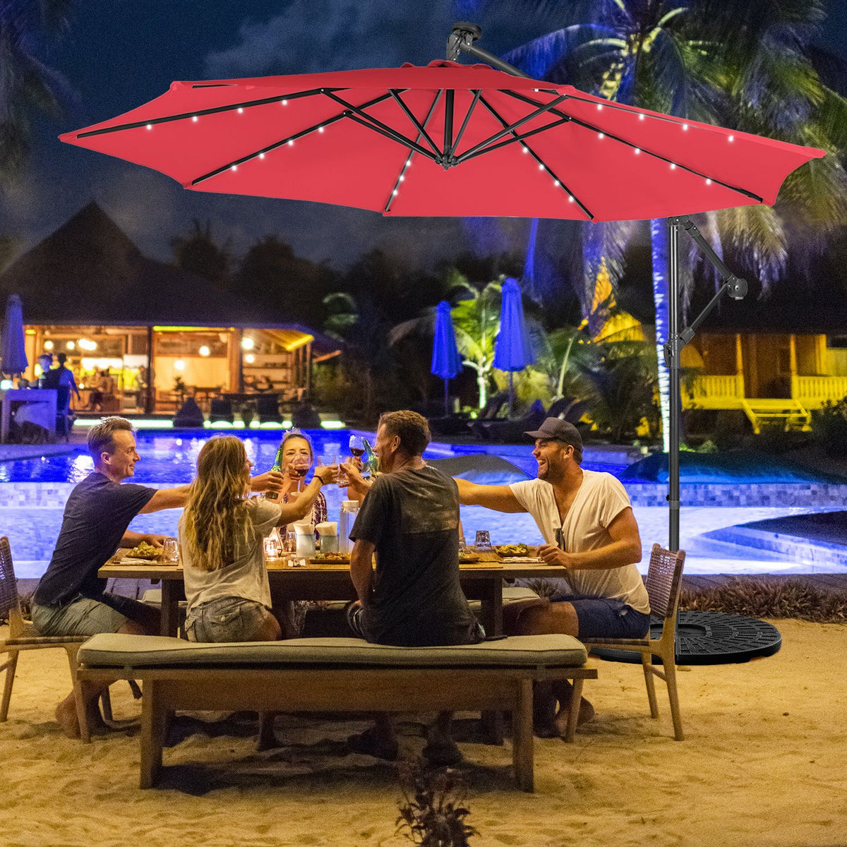 SEDOL 10ft Solar-Powered Cantilever Umbrella | 32 LED Offset Patio Parasol with Hand-Crank & Multi-Angle Tilt | Solution-Dyed Fade-Resistant Canopy for Backyard Poolside and Garden