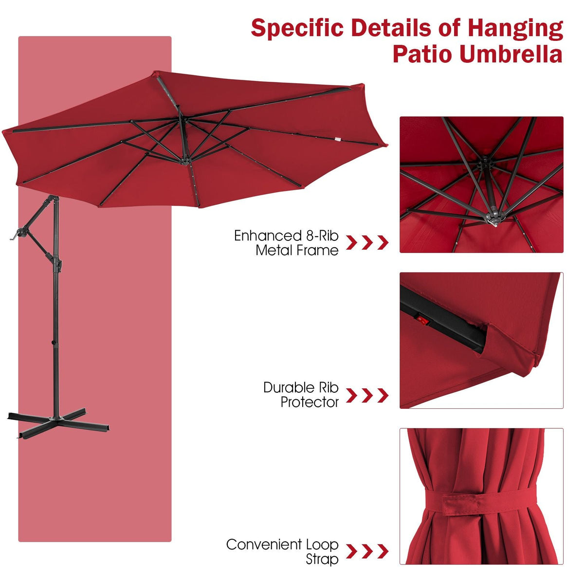 SEDOL 10ft Solar-Powered Cantilever Umbrella | 32 LED Offset Patio Parasol with Hand-Crank & Multi-Angle Tilt | Solution-Dyed Fade-Resistant Canopy for Backyard Poolside and Garden
