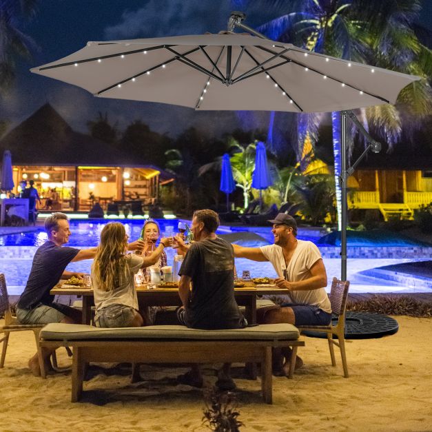 SEDOL 10ft Solar-Powered Cantilever Umbrella | 32 LED Offset Patio Parasol with Hand-Crank & Multi-Angle Tilt | Solution-Dyed Fade-Resistant Canopy for Backyard Poolside and Garden