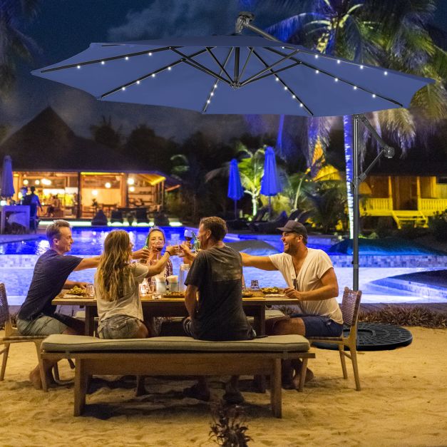 SEDOL 10ft Solar-Powered Cantilever Umbrella | 32 LED Offset Patio Parasol with Hand-Crank & Multi-Angle Tilt | Solution-Dyed Fade-Resistant Canopy for Backyard Poolside and Garden