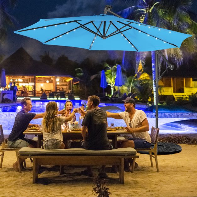 SEDOL 10ft Solar-Powered Cantilever Umbrella | 32 LED Offset Patio Parasol with Hand-Crank & Multi-Angle Tilt | Solution-Dyed Fade-Resistant Canopy for Backyard Poolside and Garden