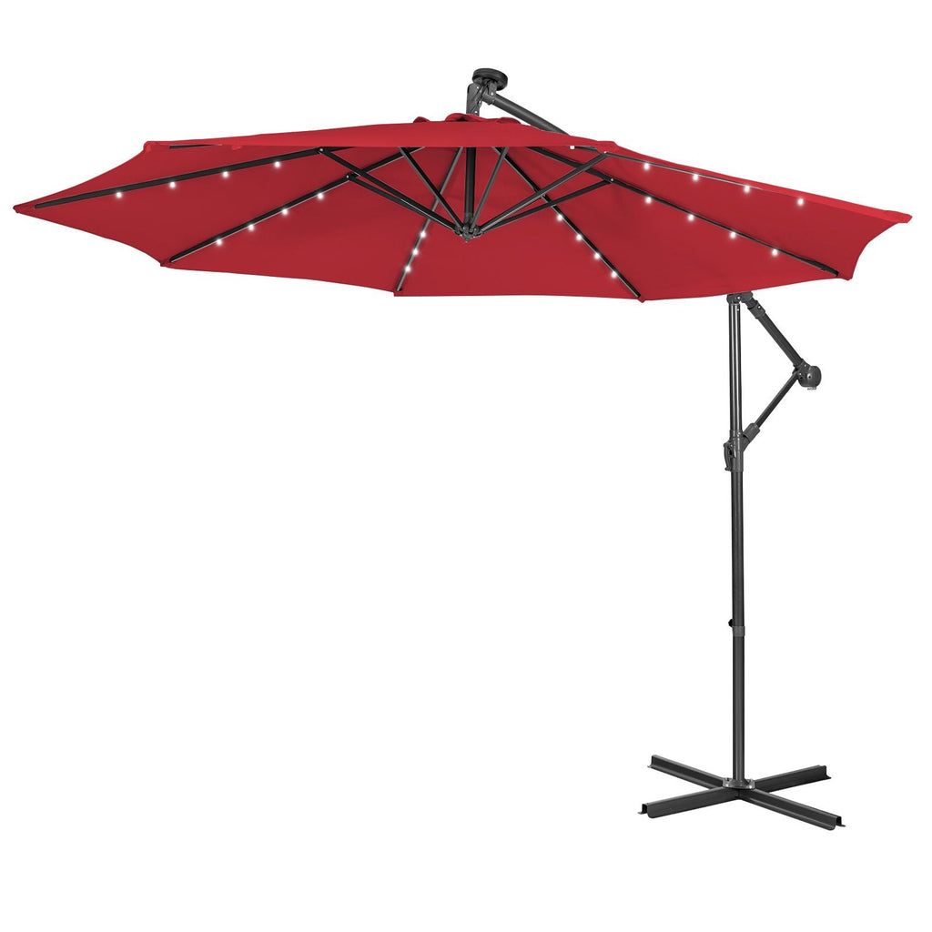SEDOL 10ft Solar-Powered Cantilever Umbrella | 32 LED Offset Patio Parasol with Hand-Crank & Multi-Angle Tilt | Solution-Dyed Fade-Resistant Canopy for Backyard Poolside and Garden