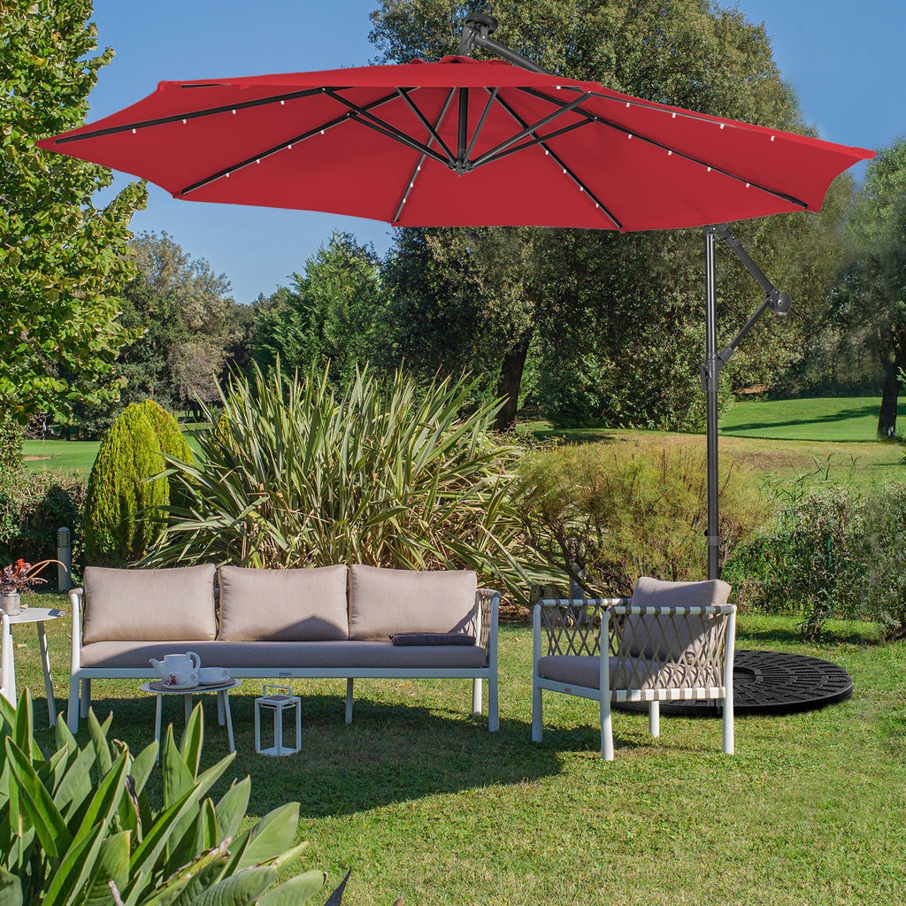 SEDOL 10ft Solar-Powered Cantilever Umbrella | 32 LED Offset Patio Parasol with Hand-Crank & Multi-Angle Tilt | Solution-Dyed Fade-Resistant Canopy for Backyard Poolside and Garden