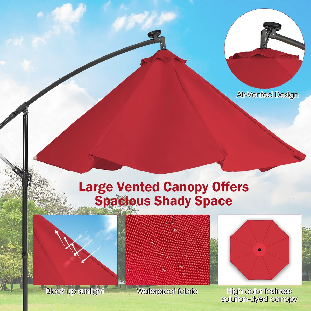 SEDOL 10ft Solar-Powered Cantilever Umbrella | 32 LED Offset Patio Parasol with Hand-Crank & Multi-Angle Tilt | Solution-Dyed Fade-Resistant Canopy for Backyard Poolside and Garden