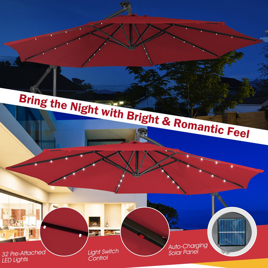 SEDOL 10ft Solar-Powered Cantilever Umbrella | 32 LED Offset Patio Parasol with Hand-Crank & Multi-Angle Tilt | Solution-Dyed Fade-Resistant Canopy for Backyard Poolside and Garden