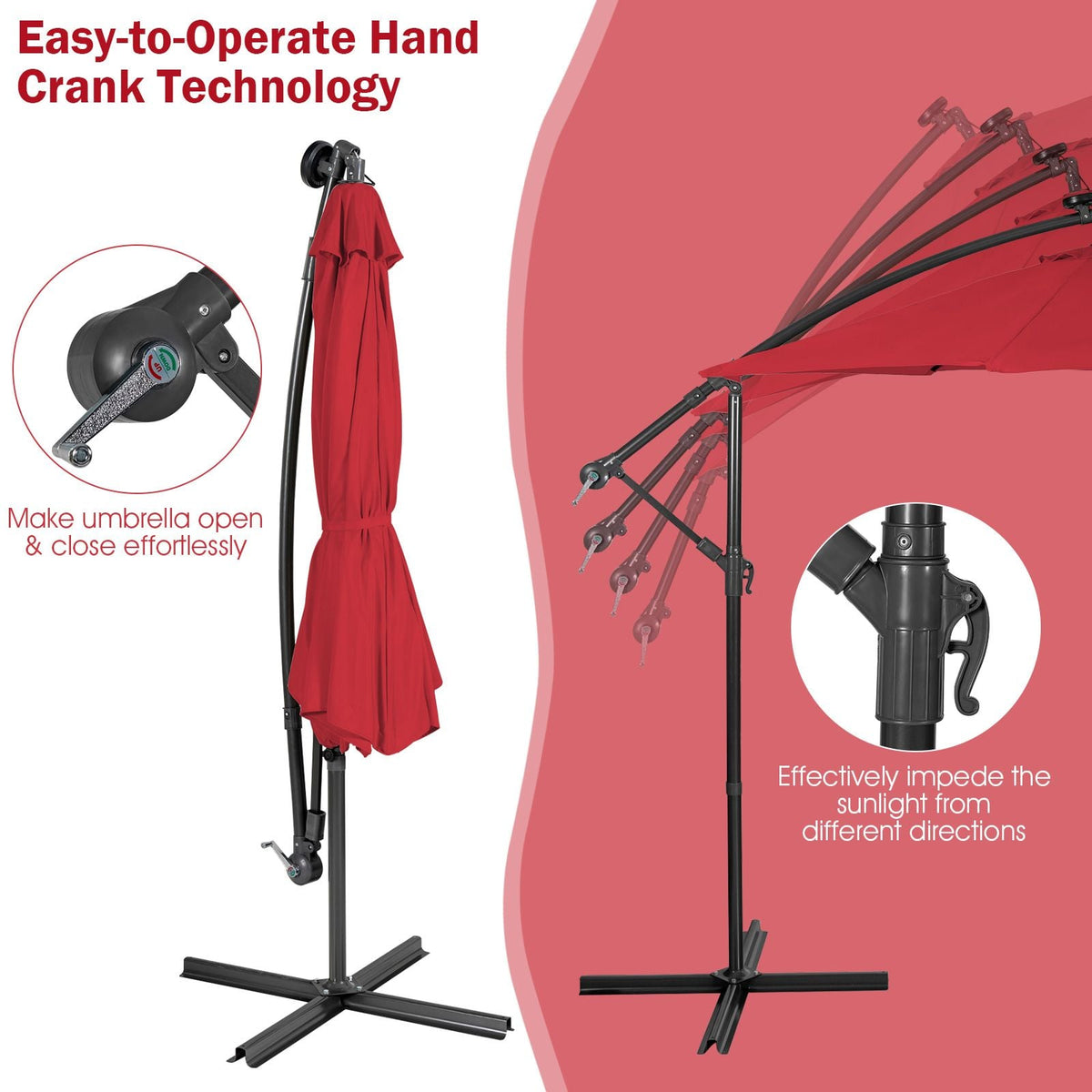 SEDOL 10ft Solar-Powered Cantilever Umbrella | 32 LED Offset Patio Parasol with Hand-Crank & Multi-Angle Tilt | Solution-Dyed Fade-Resistant Canopy for Backyard Poolside and Garden