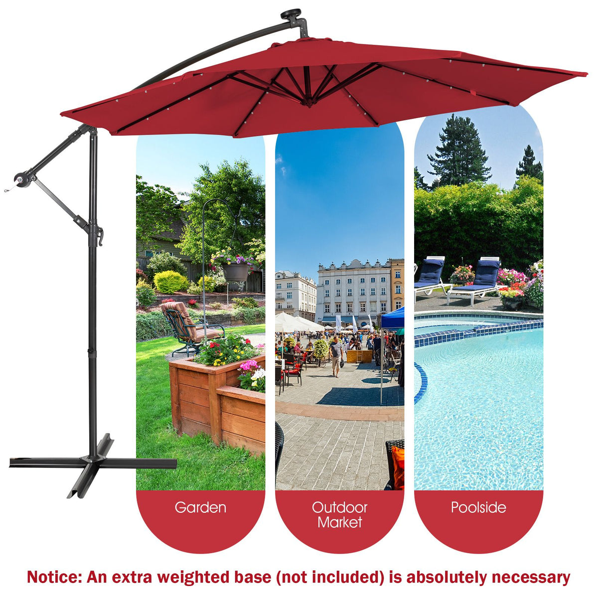 SEDOL 10ft Solar-Powered Cantilever Umbrella | 32 LED Offset Patio Parasol with Hand-Crank & Multi-Angle Tilt | Solution-Dyed Fade-Resistant Canopy for Backyard Poolside and Garden