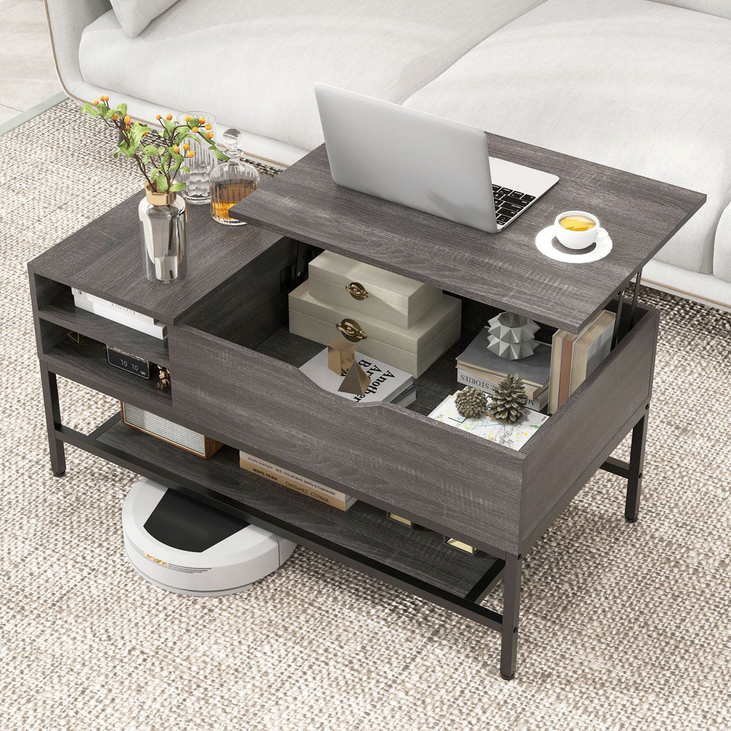 SEDOL Lift-Top Coffee Table with Hidden Storage & Removable Shelf | Smooth Gas Strut Rising Workstation for Dining & Laptop | Heavy-Duty Industrial Metal Frame