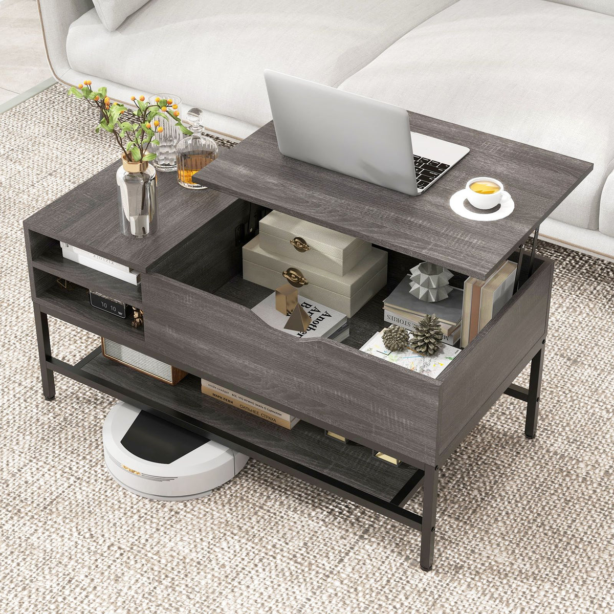 SEDOL Lift-Top Coffee Table with Hidden Storage & Removable Shelf | Smooth Gas Strut Rising Workstation for Dining & Laptop | Heavy-Duty Industrial Metal Frame