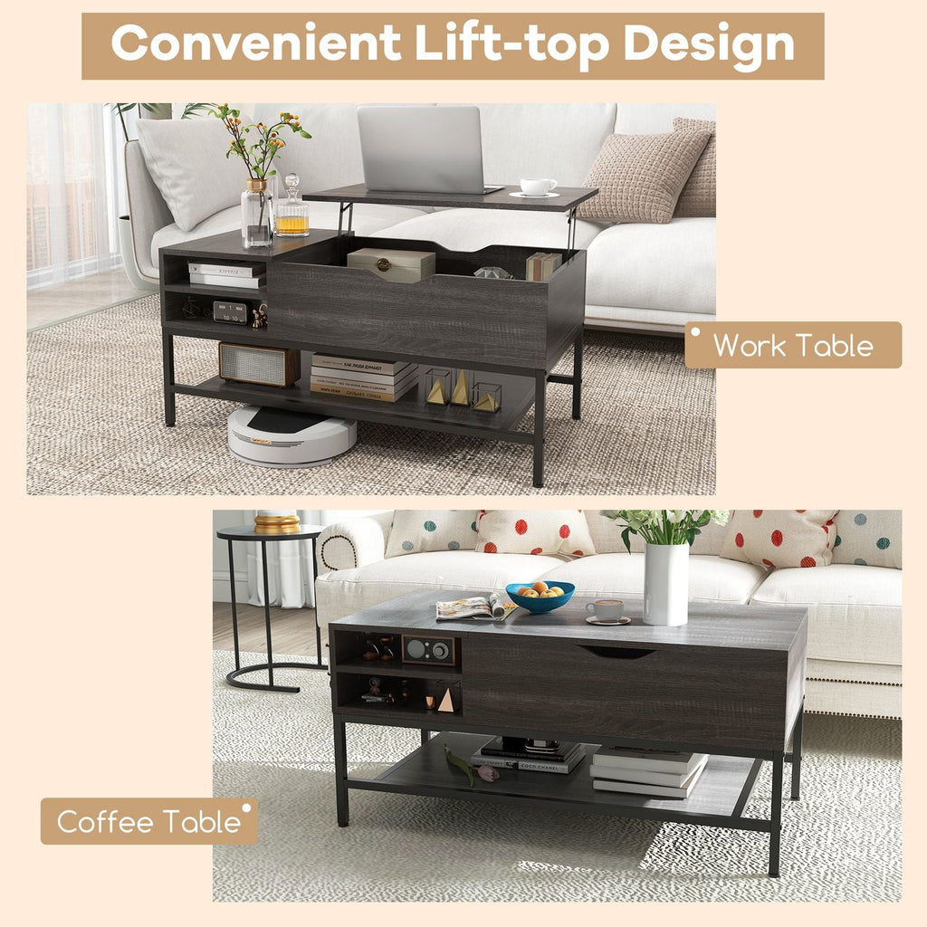 SEDOL Lift-Top Coffee Table with Hidden Storage & Removable Shelf | Smooth Gas Strut Rising Workstation for Dining & Laptop | Heavy-Duty Industrial Metal Frame