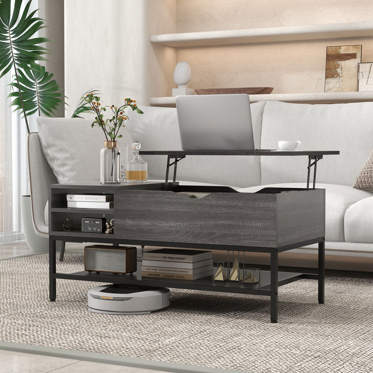 SEDOL Lift-Top Coffee Table with Hidden Storage & Removable Shelf | Smooth Gas Strut Rising Workstation for Dining & Laptop | Heavy-Duty Industrial Metal Frame