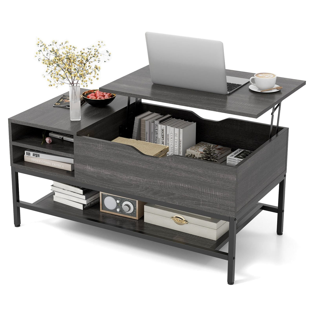 SEDOL Lift-Top Coffee Table with Hidden Storage & Removable Shelf | Smooth Gas Strut Rising Workstation for Dining & Laptop | Heavy-Duty Industrial Metal Frame