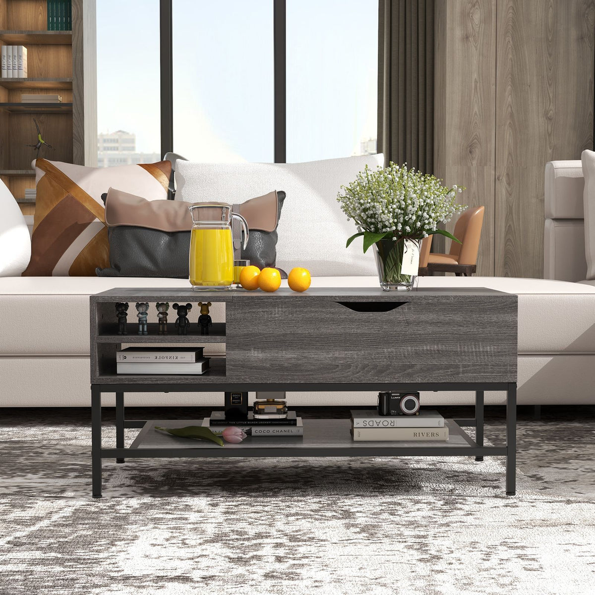 SEDOL Lift-Top Coffee Table with Hidden Storage & Removable Shelf | Smooth Gas Strut Rising Workstation for Dining & Laptop | Heavy-Duty Industrial Metal Frame