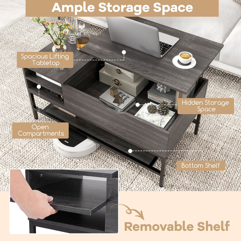 SEDOL Lift-Top Coffee Table with Hidden Storage & Removable Shelf | Smooth Gas Strut Rising Workstation for Dining & Laptop | Heavy-Duty Industrial Metal Frame