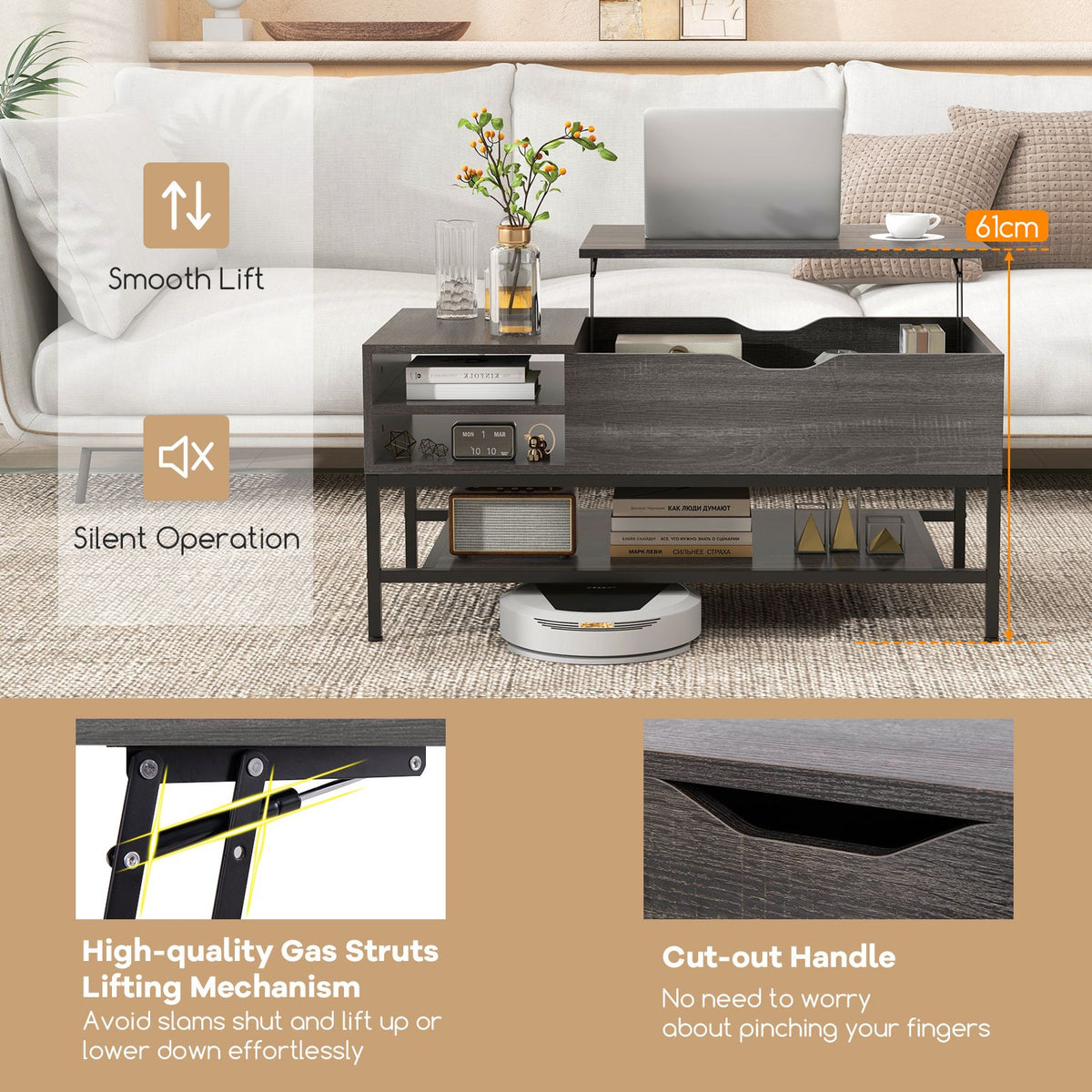 SEDOL Lift-Top Coffee Table with Hidden Storage & Removable Shelf | Smooth Gas Strut Rising Workstation for Dining & Laptop | Heavy-Duty Industrial Metal Frame