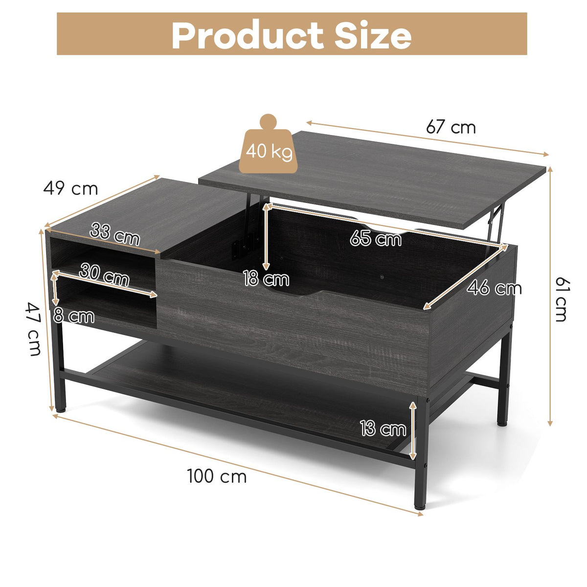 SEDOL Lift-Top Coffee Table with Hidden Storage & Removable Shelf | Smooth Gas Strut Rising Workstation for Dining & Laptop | Heavy-Duty Industrial Metal Frame