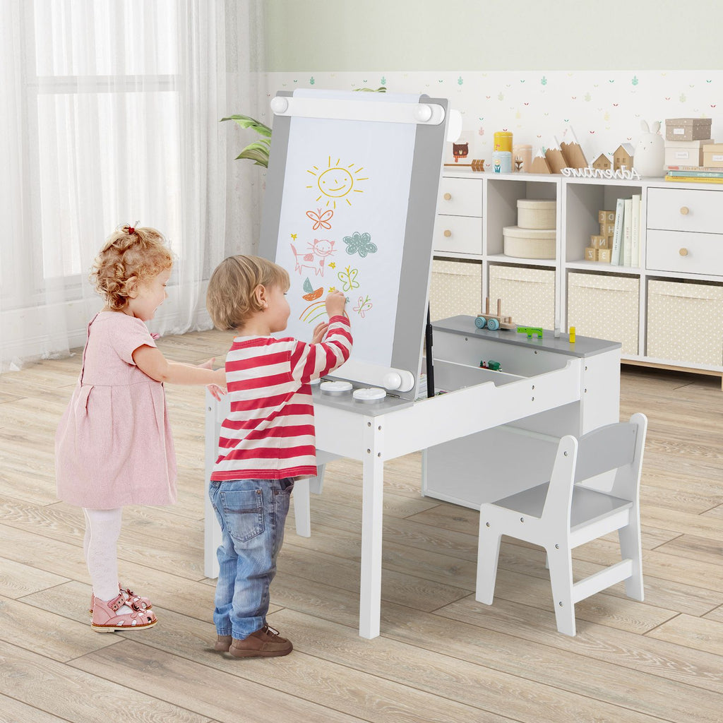 SEDOL 2-in-1 Kids Art Table & Tilting Easel Set with 2 Chairs | Built-In 10m Paper Roll & 11-Zone Storage System | Slow-Close Hydraulic Safety | 91KG Heavy-Duty Craft Station
