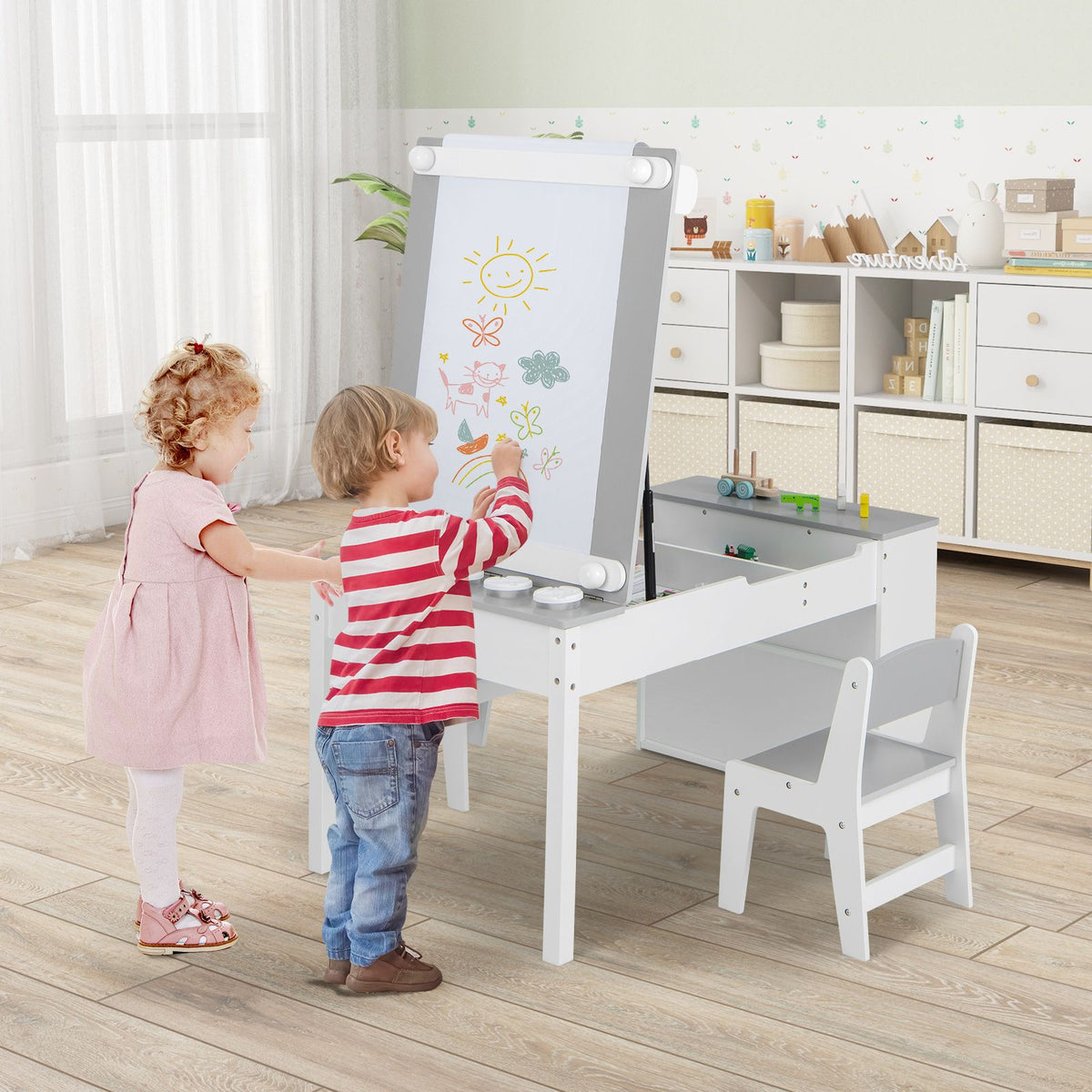 SEDOL 2-in-1 Kids Art Table & Tilting Easel Set with 2 Chairs | Built-In 10m Paper Roll & 11-Zone Storage System | Slow-Close Hydraulic Safety | 91KG Heavy-Duty Craft Station