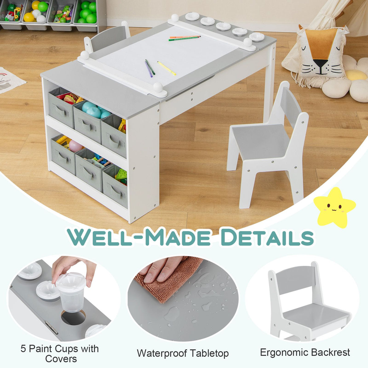 SEDOL 2-in-1 Kids Art Table & Tilting Easel Set with 2 Chairs | Built-In 10m Paper Roll & 11-Zone Storage System | Slow-Close Hydraulic Safety | 91KG Heavy-Duty Craft Station
