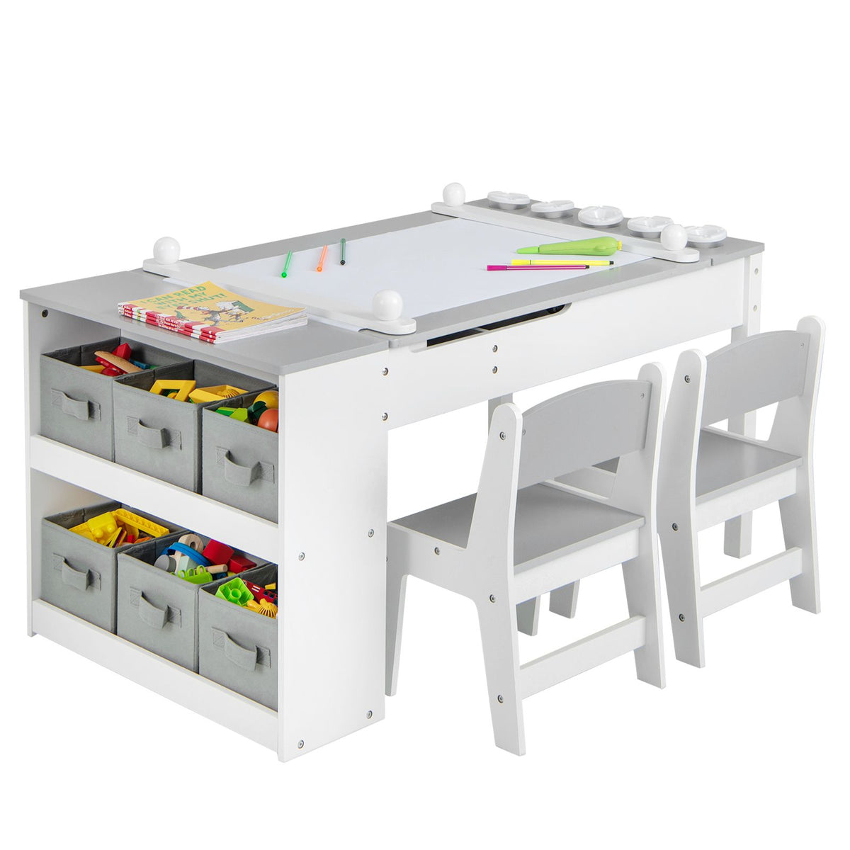 SEDOL 2-in-1 Kids Art Table & Tilting Easel Set with 2 Chairs | Built-In 10m Paper Roll & 11-Zone Storage System | Slow-Close Hydraulic Safety | 91KG Heavy-Duty Craft Station