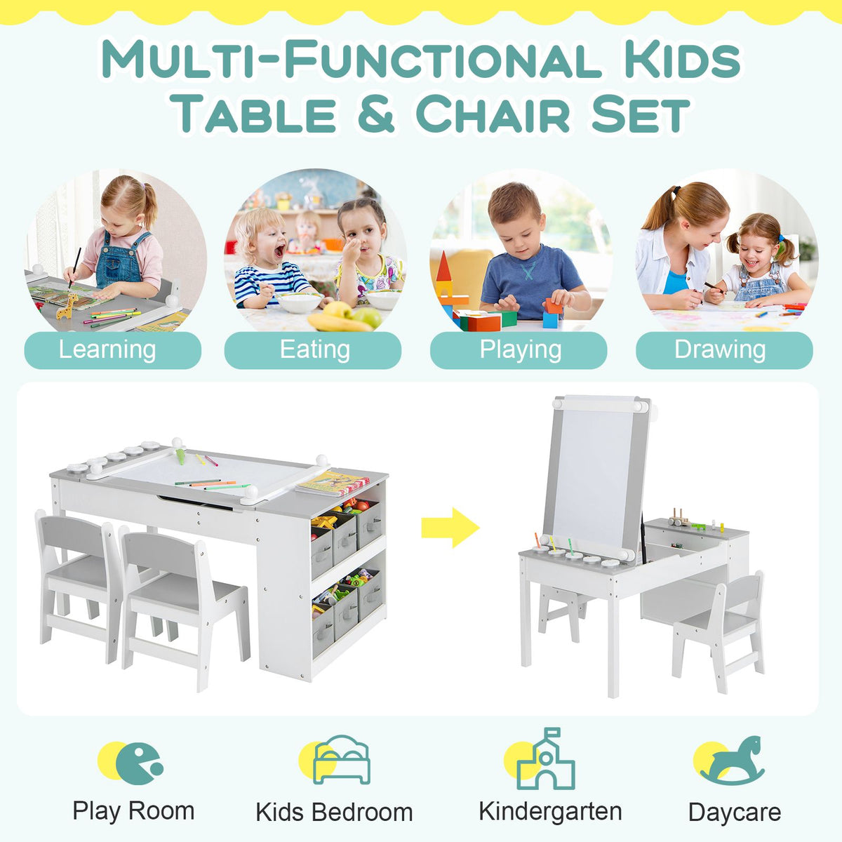 SEDOL 2-in-1 Kids Art Table & Tilting Easel Set with 2 Chairs | Built-In 10m Paper Roll & 11-Zone Storage System | Slow-Close Hydraulic Safety | 91KG Heavy-Duty Craft Station