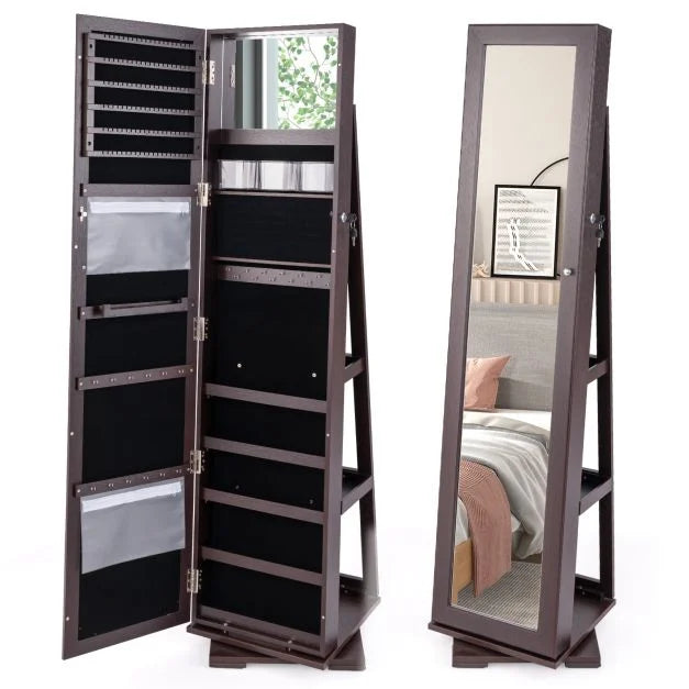 SEDOL 360° Rotating Full-Length Mirrored Jewellery Cabinet | Lockable Jewellery Armoire with 3-Tier Rear Display Shelves | Ultra-Large Storage for 120 Earrings, 78 Rings & 24 Necklaces | Velvet-Lined Boutique Organiser