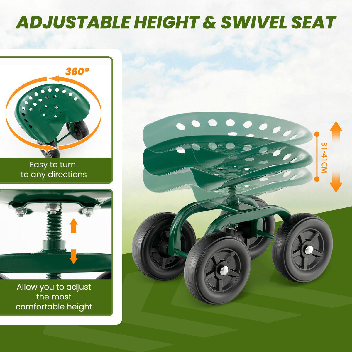 Rolling Garden Work Seat – Height Adjustable 360° Swivel Chair with Wheels & Tool Tray