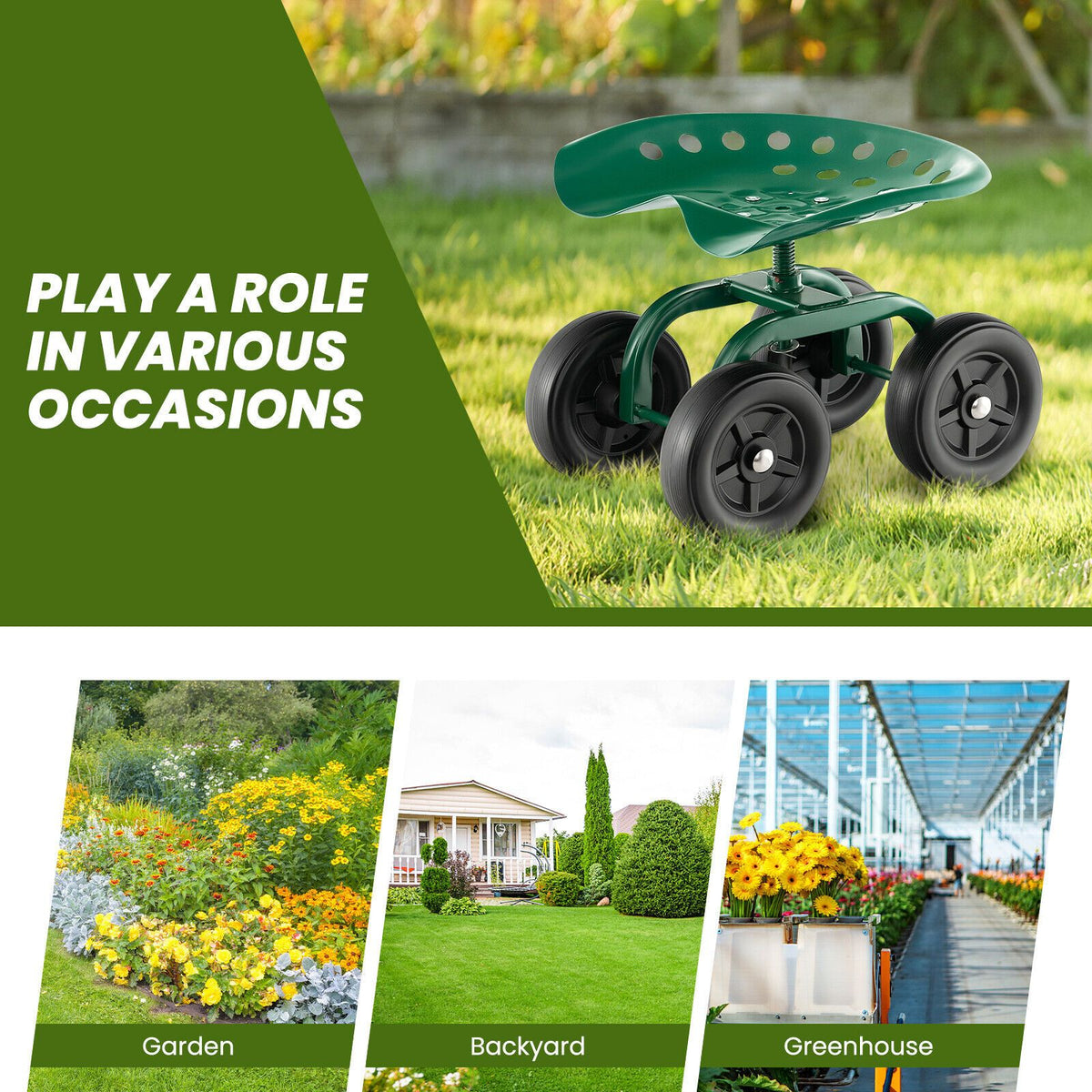 Rolling Garden Work Seat – Height Adjustable 360° Swivel Chair with Wheels & Tool Tray