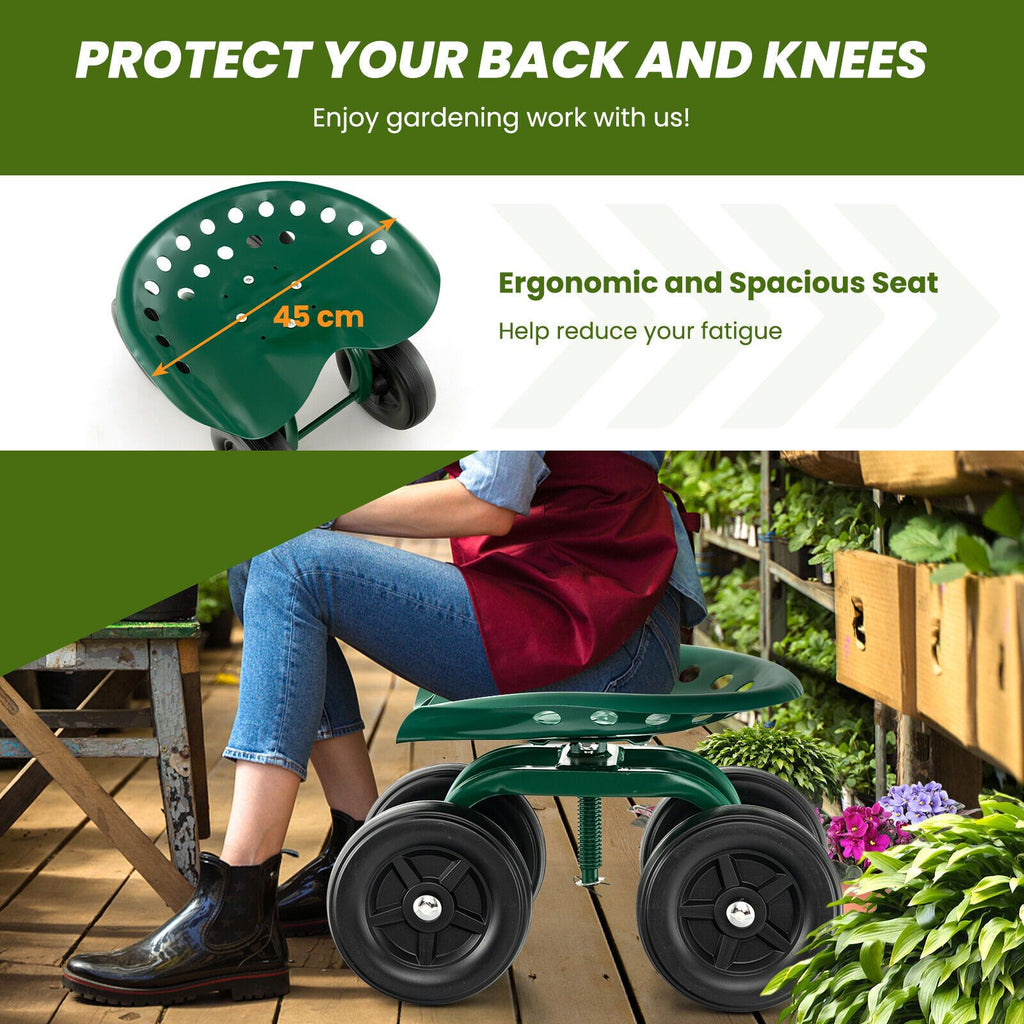 Rolling Garden Work Seat – Height Adjustable 360° Swivel Chair with Wheels & Tool Tray