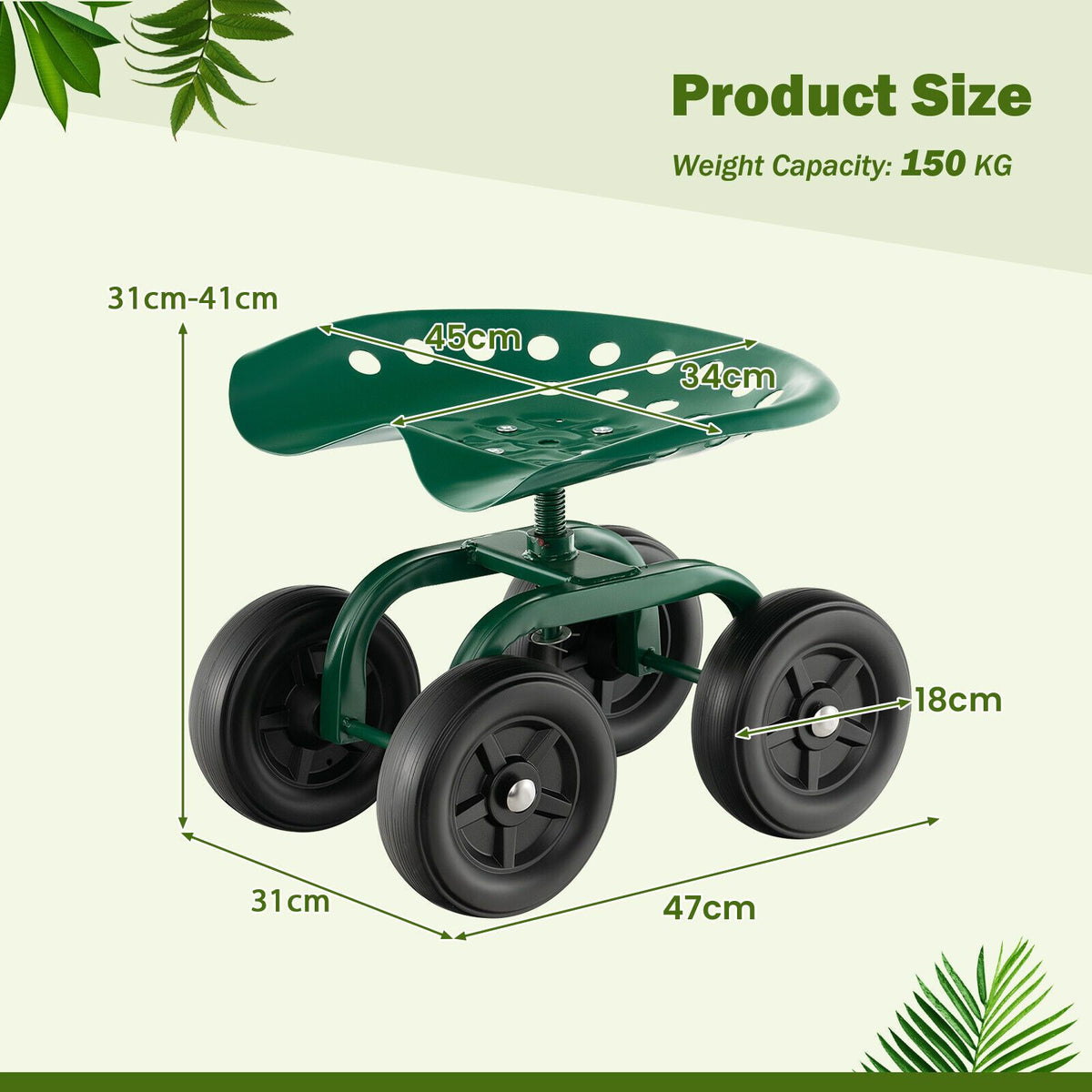 Rolling Garden Work Seat – Height Adjustable 360° Swivel Chair with Wheels & Tool Tray
