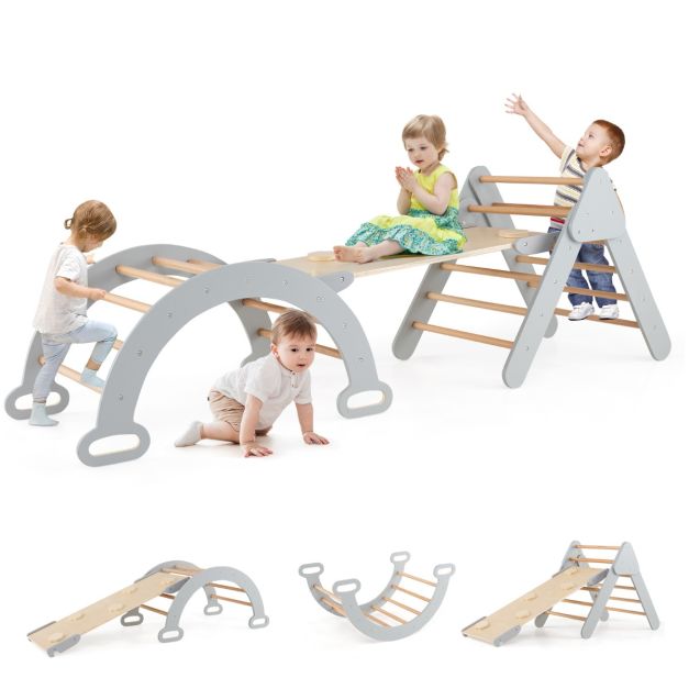 SEDOL 5-in-1 Montessori Triangle Climbing Set | Solid Beech Wood Indoor Gym with Climbing Arch, Rocker, and Double-Sided Slide Ramp | ASTM Certified Toddler Activity Playset for Ages 1+