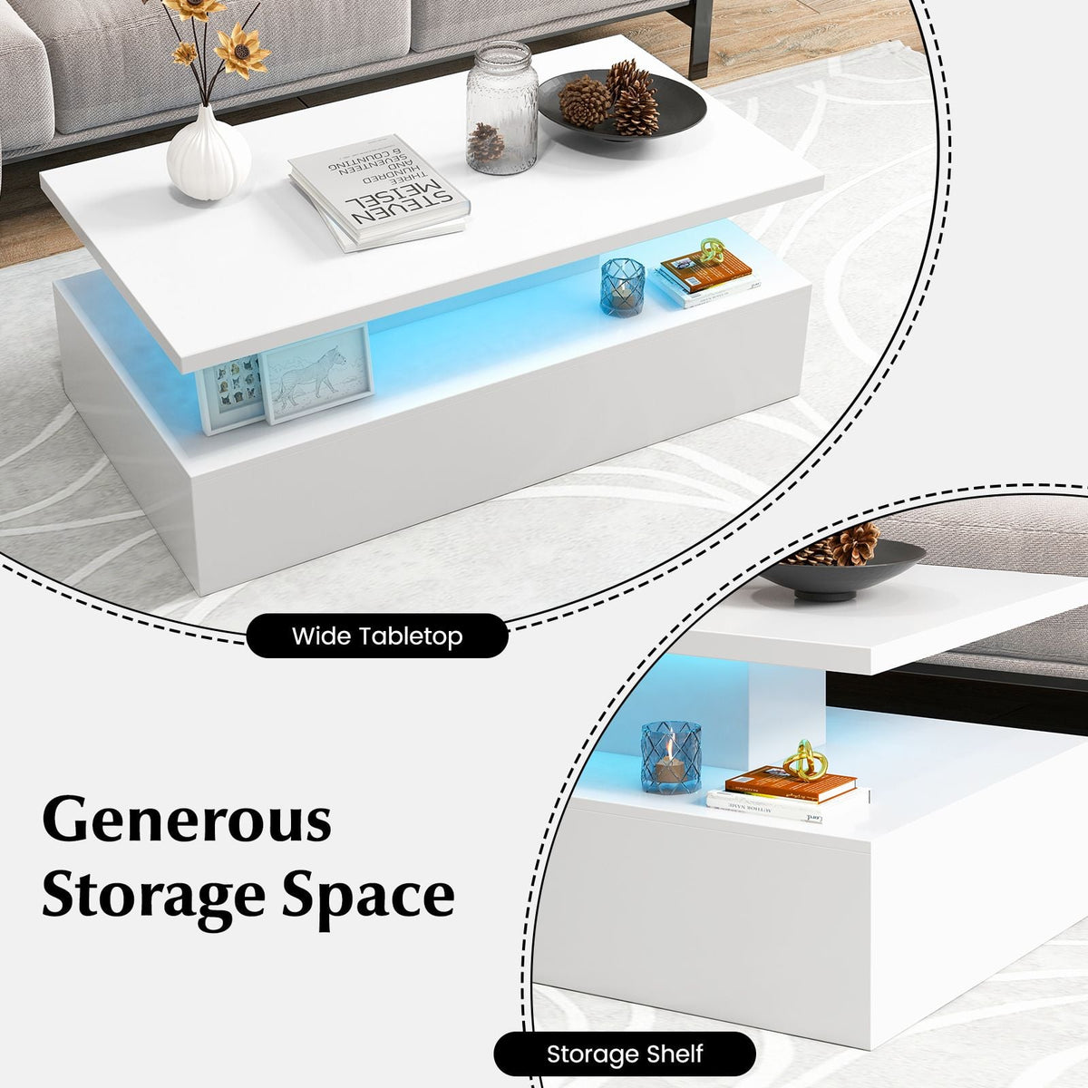 SEDOL Modern High-Gloss LED Coffee Table with 2-Tier Storage and Remote Mood Lighting