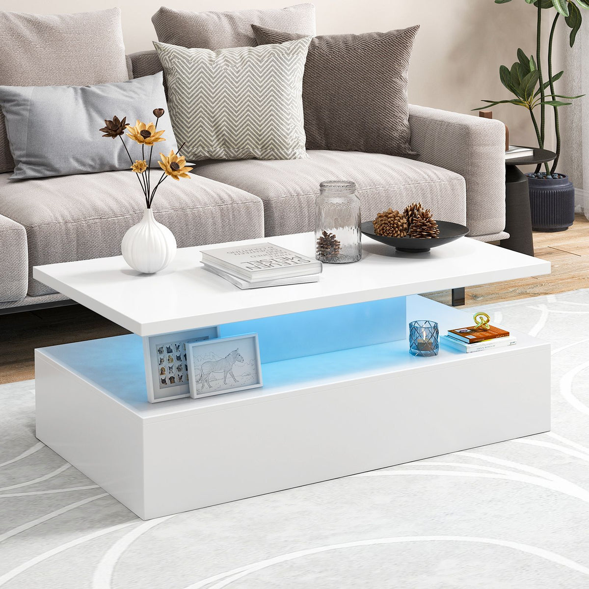 SEDOL Modern High-Gloss LED Coffee Table with 2-Tier Storage and Remote Mood Lighting