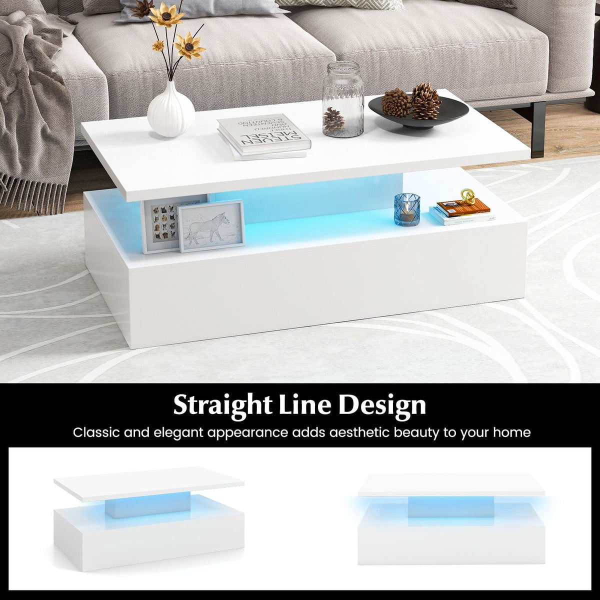 SEDOL Modern High-Gloss LED Coffee Table with 2-Tier Storage and Remote Mood Lighting