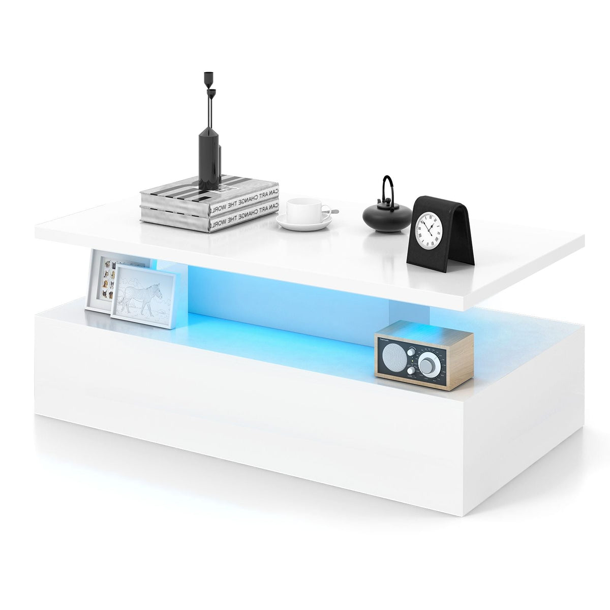 SEDOL Modern High-Gloss LED Coffee Table with 2-Tier Storage and Remote Mood Lighting