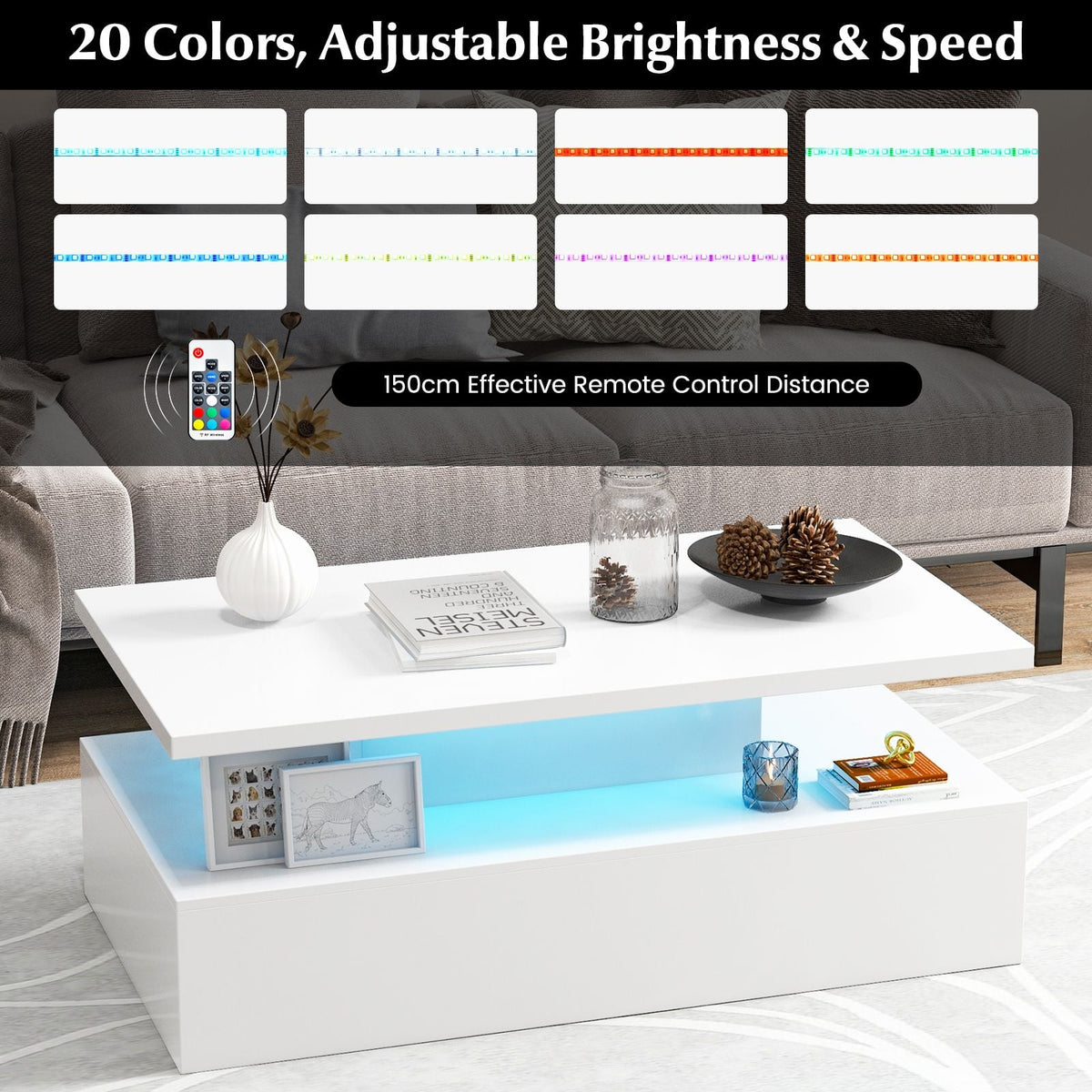 SEDOL Modern High-Gloss LED Coffee Table with 2-Tier Storage and Remote Mood Lighting