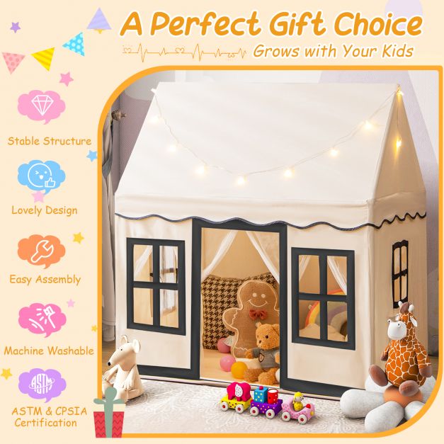 SEDOL Large Indoor Kids Playhouse with Soft Coral Velvet Mat and LED Star Lights Breathable Cotton Canvas Play Tent for Reading Nook and Napping Corner for Boys & Girls