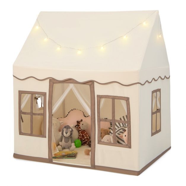 SEDOL Large Indoor Kids Playhouse with Soft Coral Velvet Mat and LED Star Lights Breathable Cotton Canvas Play Tent for Reading Nook and Napping Corner for Boys & Girls