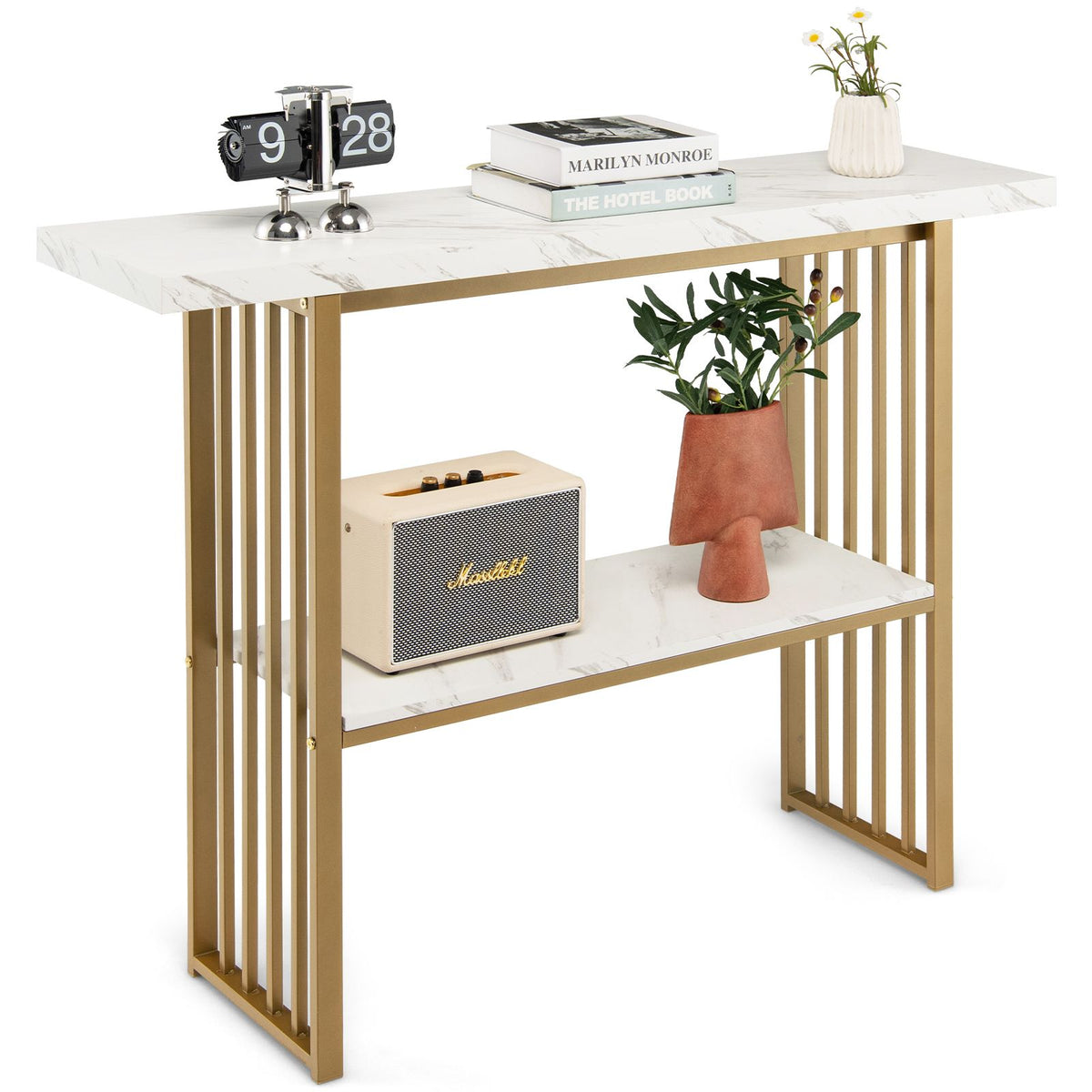 2-Tier Faux Marble Console Table for Entryway Living Room Bedroom (White & Golden)