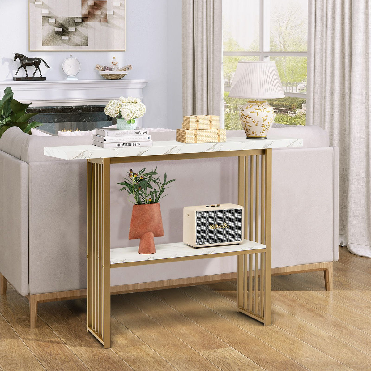 2-Tier Faux Marble Console Table for Entryway Living Room Bedroom (White & Golden)