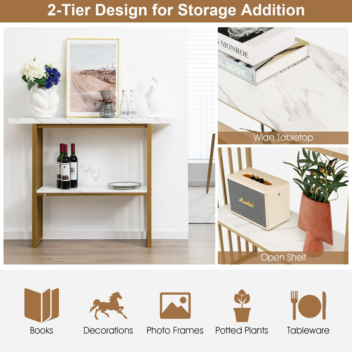 2-Tier Faux Marble Console Table for Entryway Living Room Bedroom (White & Golden)