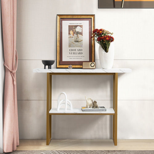 2-Tier Faux Marble Console Table for Entryway Living Room Bedroom (White & Golden)